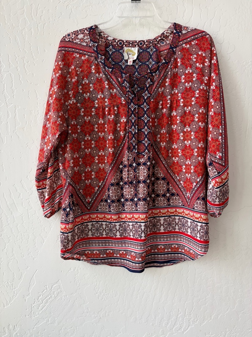 Fig And Flowers Womens Med Red Blue Patterned 3/4 Sleeve Loose Boho Anthropology